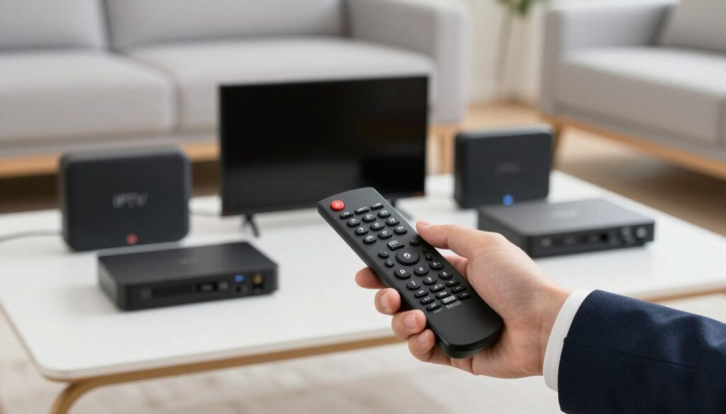 Generate an image of a person holding a remote control, with various IPTV boxes in the background.