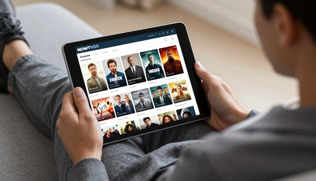 Generate an image of a person relaxing on a couch, watching a movie on their tablet with the NOWTVGO app open, displaying a variety of movies and TV shows.