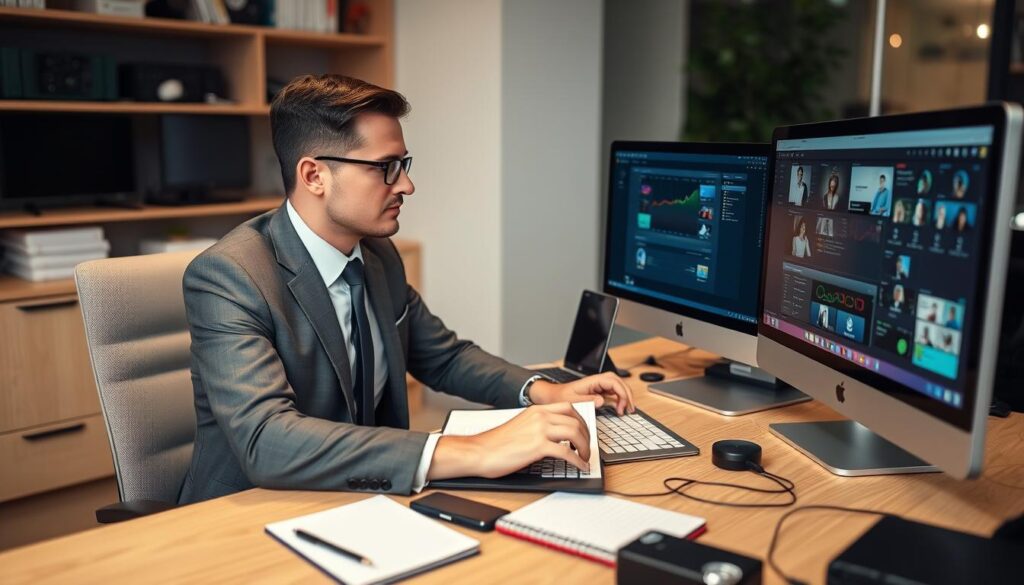 Generate an image of a person setting up an IPTV reseller panel on their computer