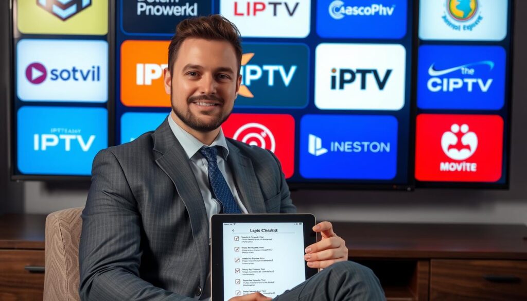 Generate an image of a person sitting in front of a TV, surrounded by different IPTV provider logos and a checklist on a tablet.