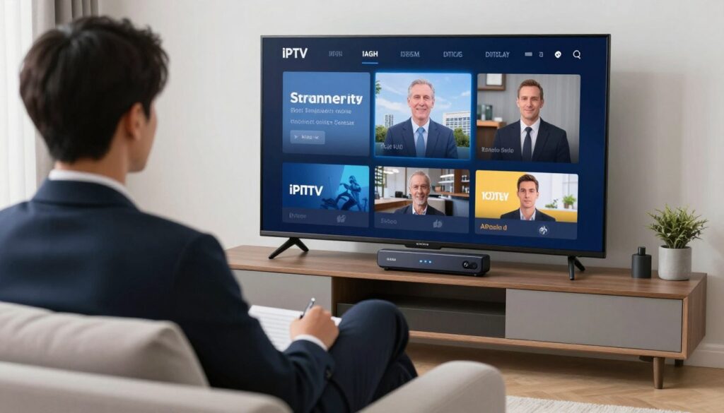 Generate an image of a person streaming IPTV content on a smart TV using a compatible media player.