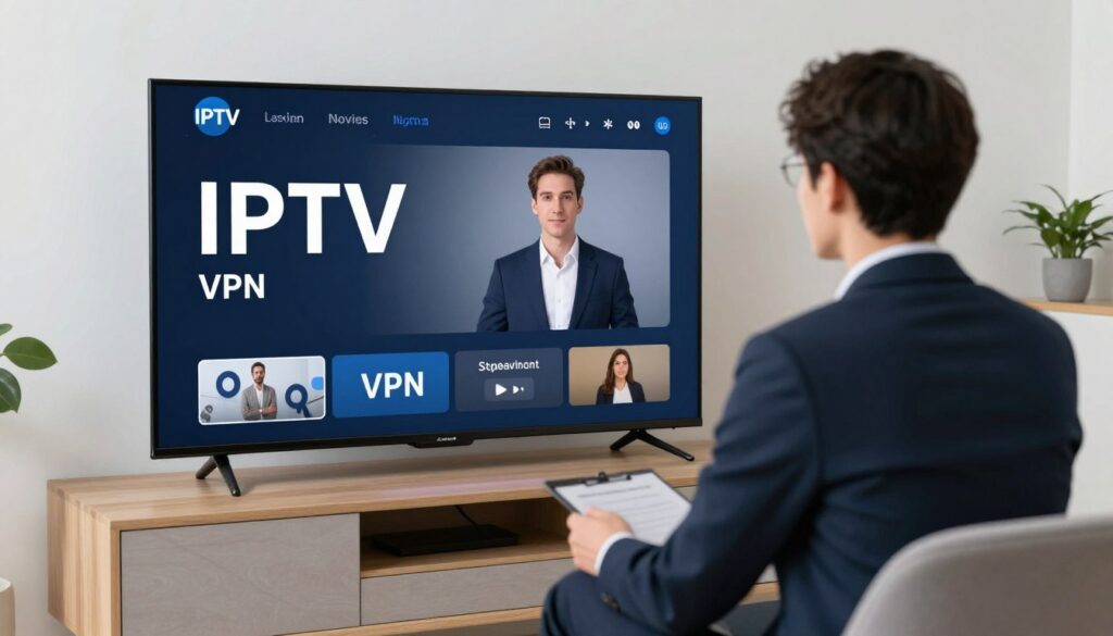 Generate an image of a person streaming IPTV content on a smart TV with a VPN connection