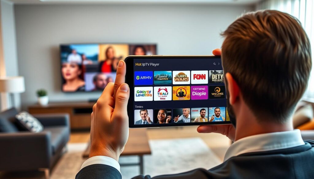 Generate an image of a person using Hot IPTV Player on their Android device, with a variety of live TV channels and on-demand content displayed on the screen.