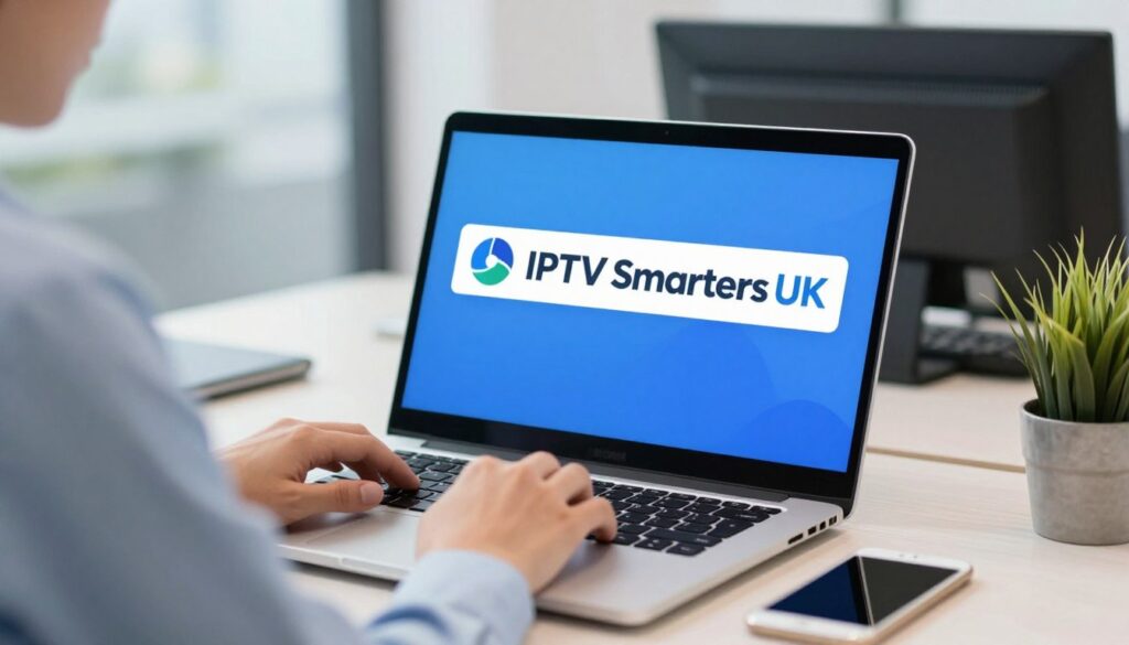 Generate an image of a person using IPTV Smarters UK on their device