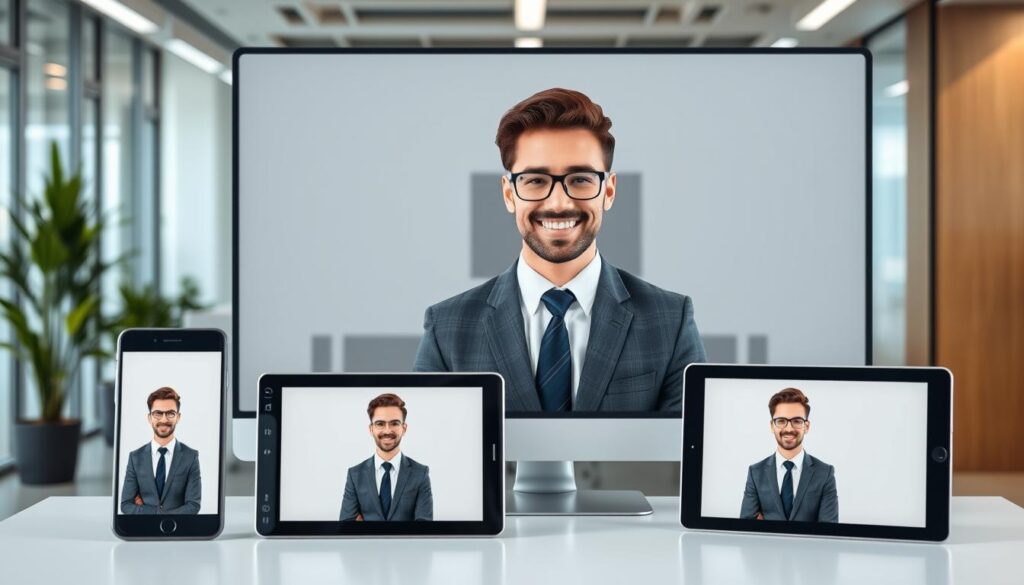 Generate an image of a person using Tellystudio on different devices, such as smartphones, tablets, and smart TVs.