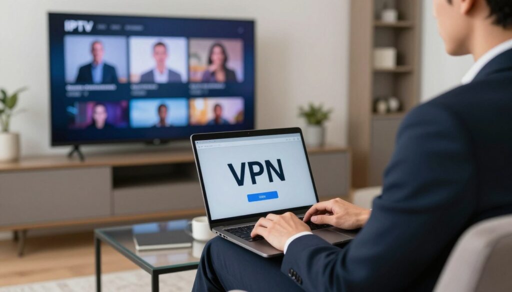 Generate an image of a person using a VPN on their laptop while streaming IPTV on their TV