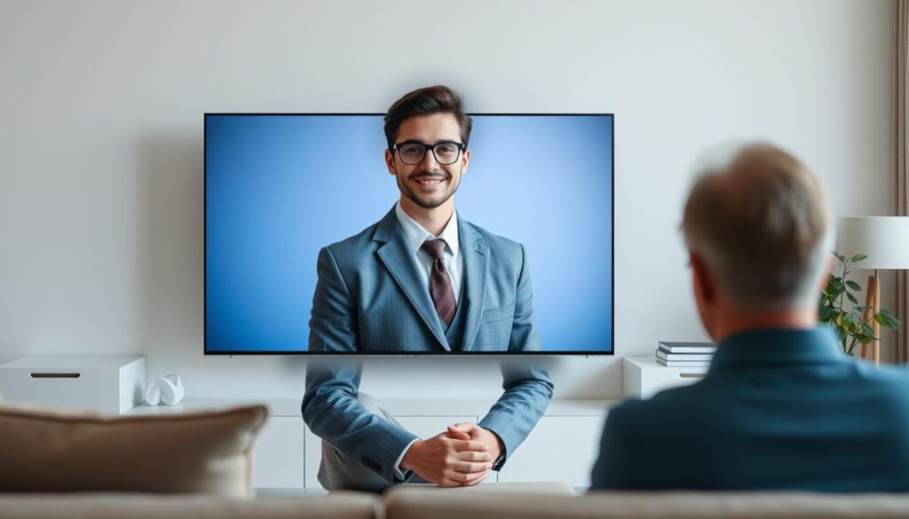 Generate an image of a person using an IPTV player on their TV
