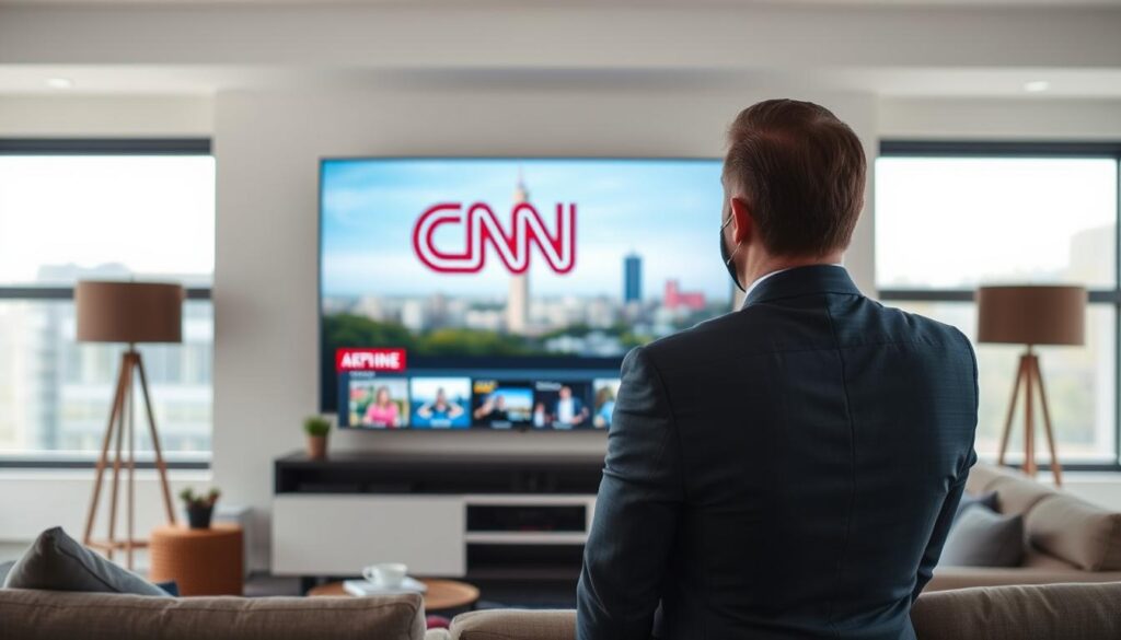 Generate an image of a person watching CNN on a smart TV using IPTV Generate an image of a person watching CNN on a smart TV using IPTV