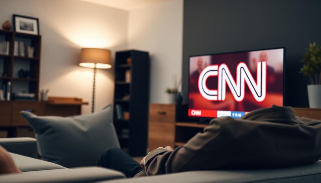 Generate an image of a person watching CNN on their TV via IPTV Generate an image of a person watching CNN on their TV via IPTV