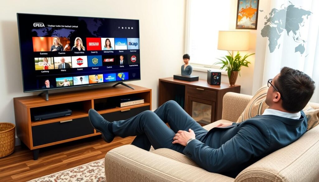 Generate an image of a person watching TV with a variety of international channels on the screen.