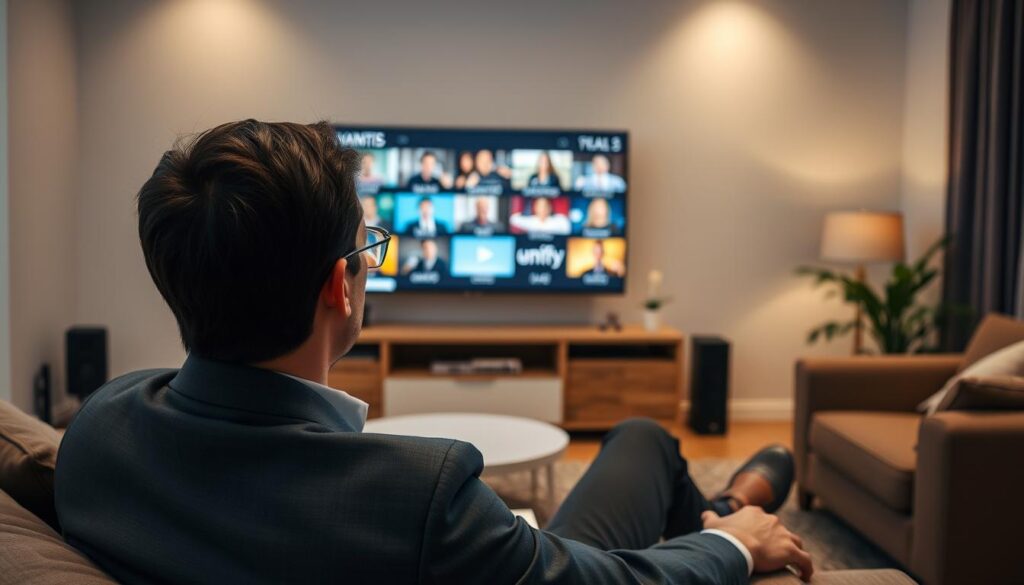 Generate an image of a person watching TV with multiple channels on the screen