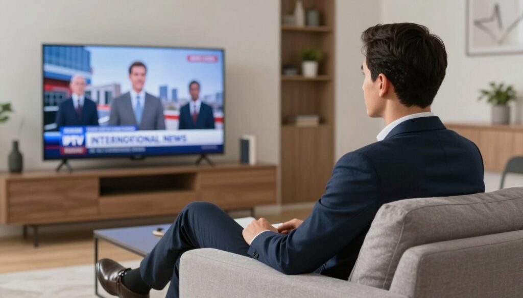Generate an image of a person watching international news on IPTV