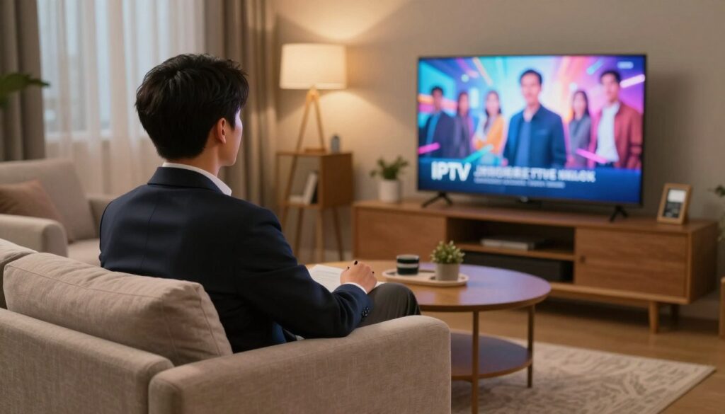 Generate an image of a person watching their favourite TV show on IPTV.