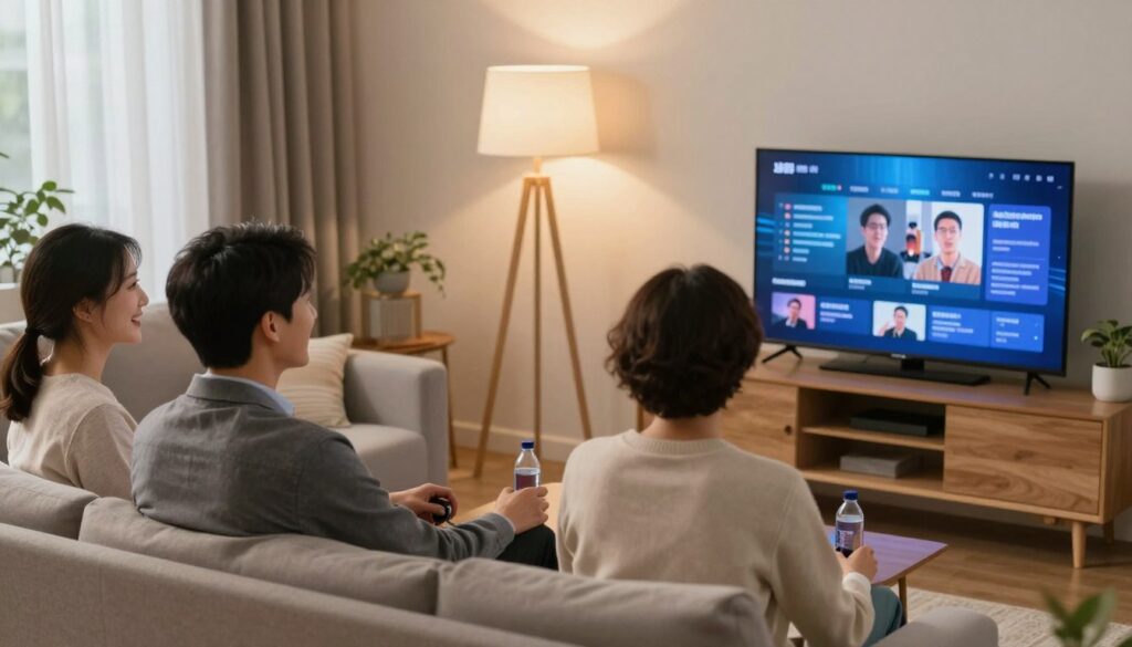 Generate an image of a satisfied JBNOTT customer watching TV on multiple devices