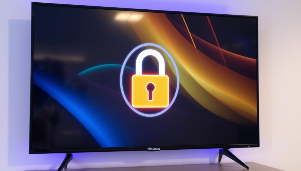 Generate an image of a secure lock on a screen displaying Hot IPTV