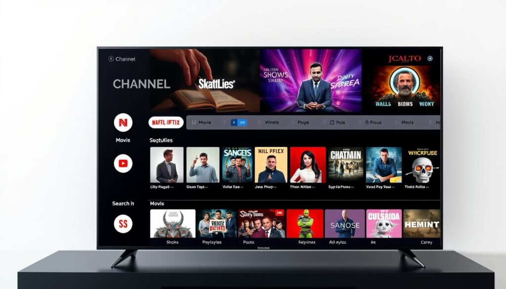 Generate an image of a sleek, modern IPTV interface showcasing a variety of channels and on-demand content.