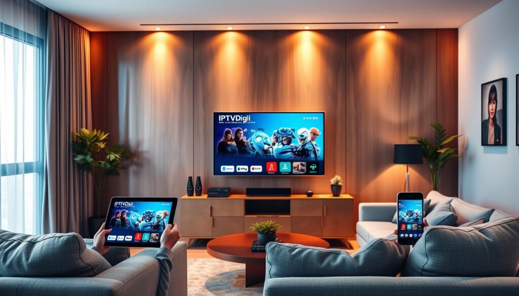 Generate an image of a sleek, modern living room with multiple devices streaming IPTVDigi content.
