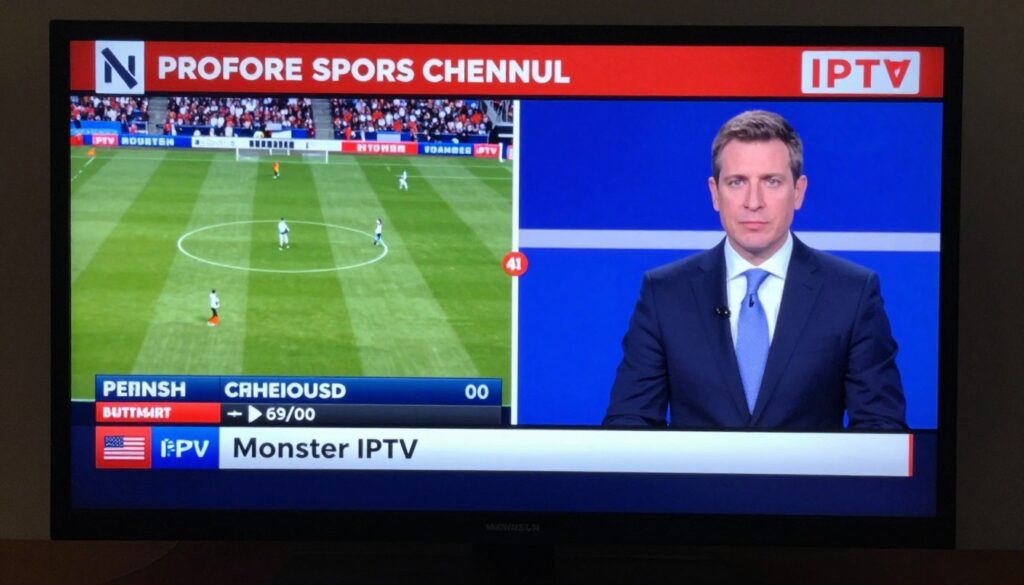 Generate an image of a sports channel on Monster IPTV, showcasing a live match with high-quality commentary.
