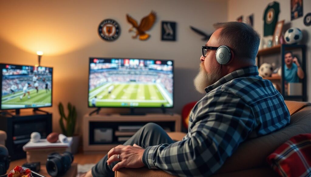Generate an image of a sports enthusiast watching a live match on EagleCast TV.