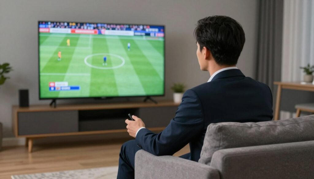 Generate an image of a sports enthusiast watching a live match on IPTV