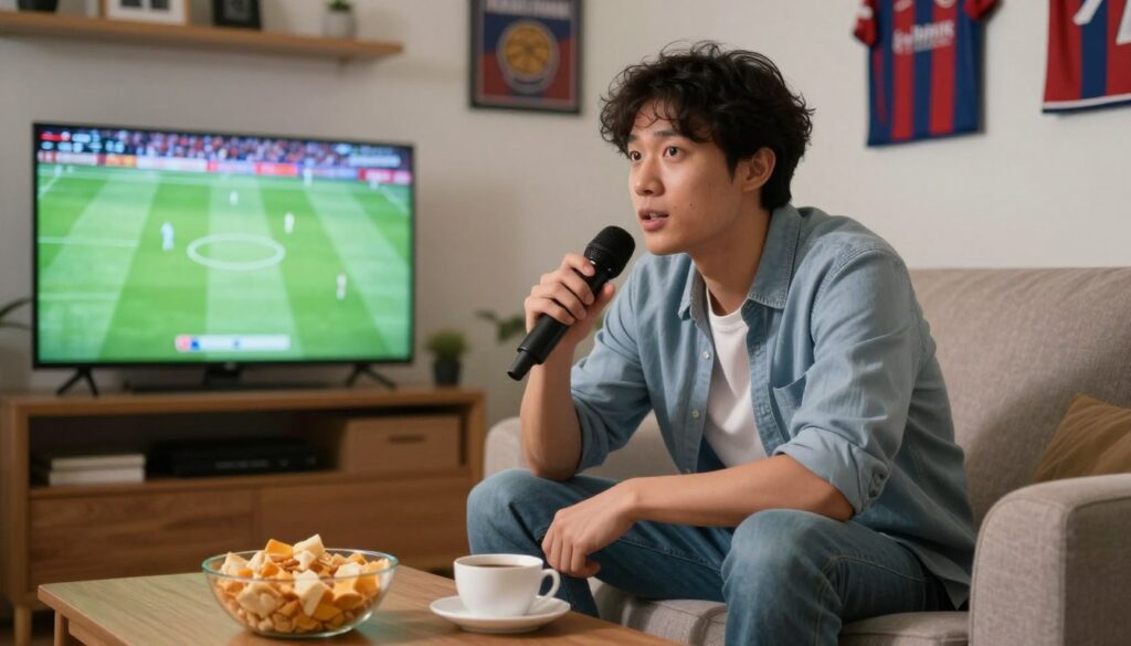 Generate an image of a sports enthusiast watching a live match on IPTV