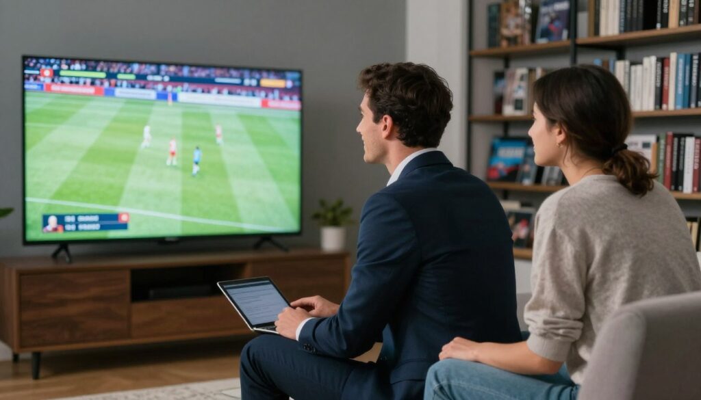 Generate an image of a sports enthusiast watching a live match on their TV with a satisfied expression, alongside a film buff browsing through a vast VOD library.