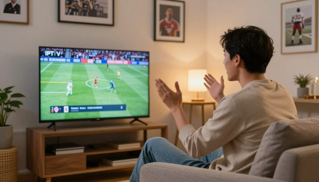 Generate an image of a sports enthusiast watching live sports on their TV using an IPTV service.