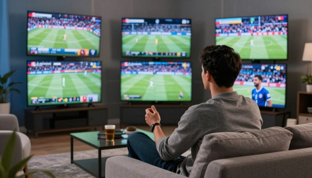 Generate an image of a sports fan enjoying live sports on King IPTV with multiple channels