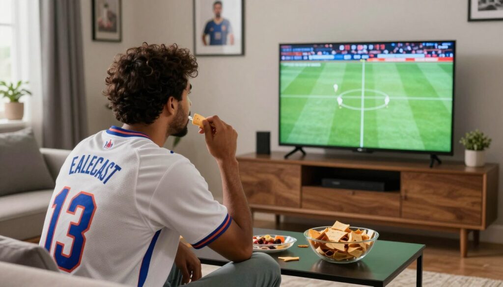 Generate an image of a sports fan watching a live match on EagleCast TV Generate an image of a sports fan watching a live match on EagleCast TV