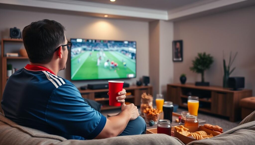 Generate an image of a sports fan watching a live match on Falcon IPTV.