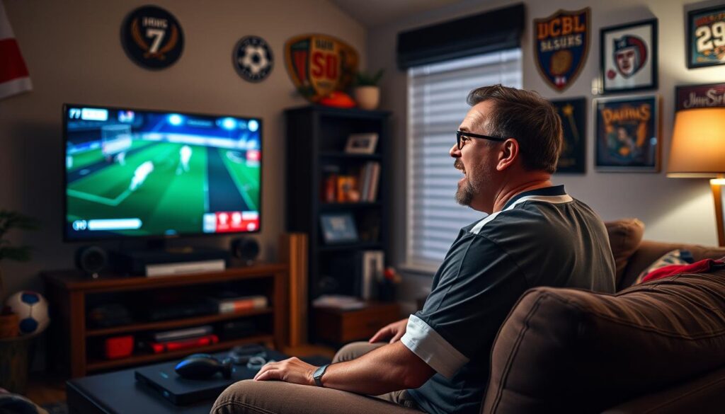 Generate an image of a sports fan watching a live match on IPTV Generate an image of a sports fan watching a live match on IPTV