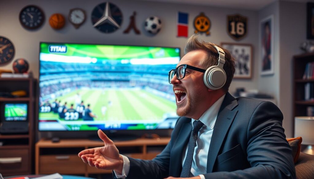 Generate an image of a sports fan watching a live match on TitanTV IPTV.