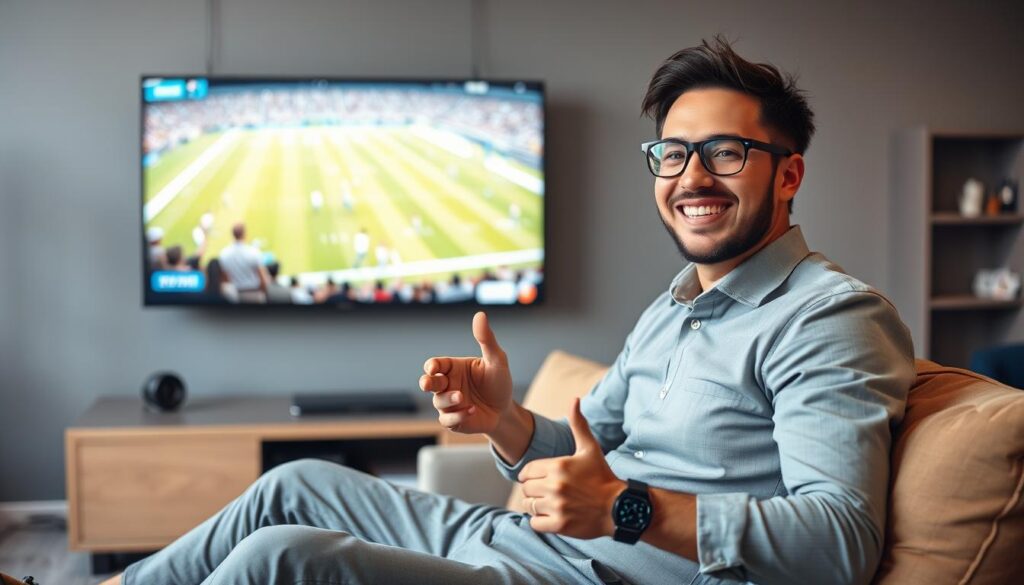Generate an image of a sports fan watching a live sports event on their TV with a satisfied expression.