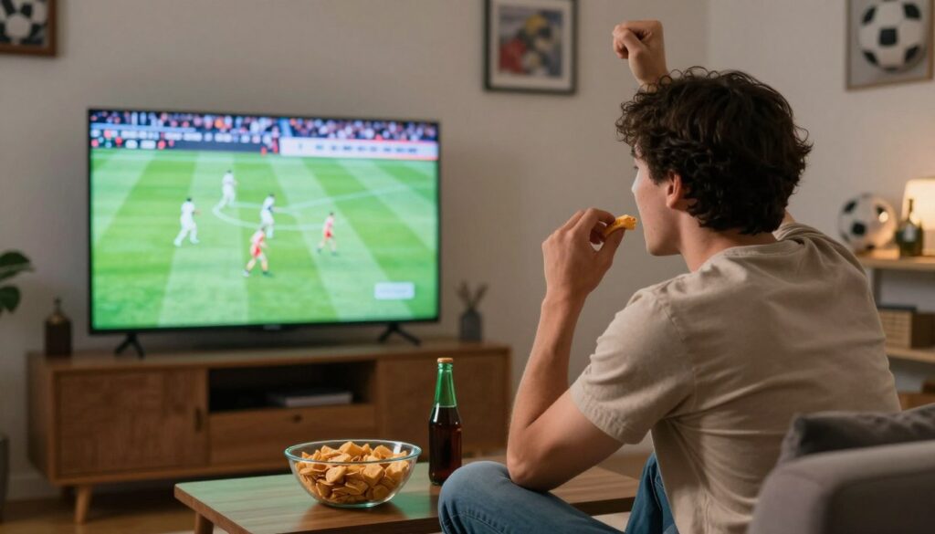 Generate an image of a sports fan watching live sports on their TV with Monster IPTV