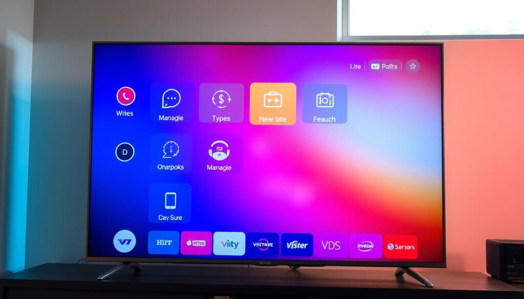 Generate an image of a user-friendly IPTV interface on a TV screen. Generate an image of a user-friendly IPTV interface on a TV screen.