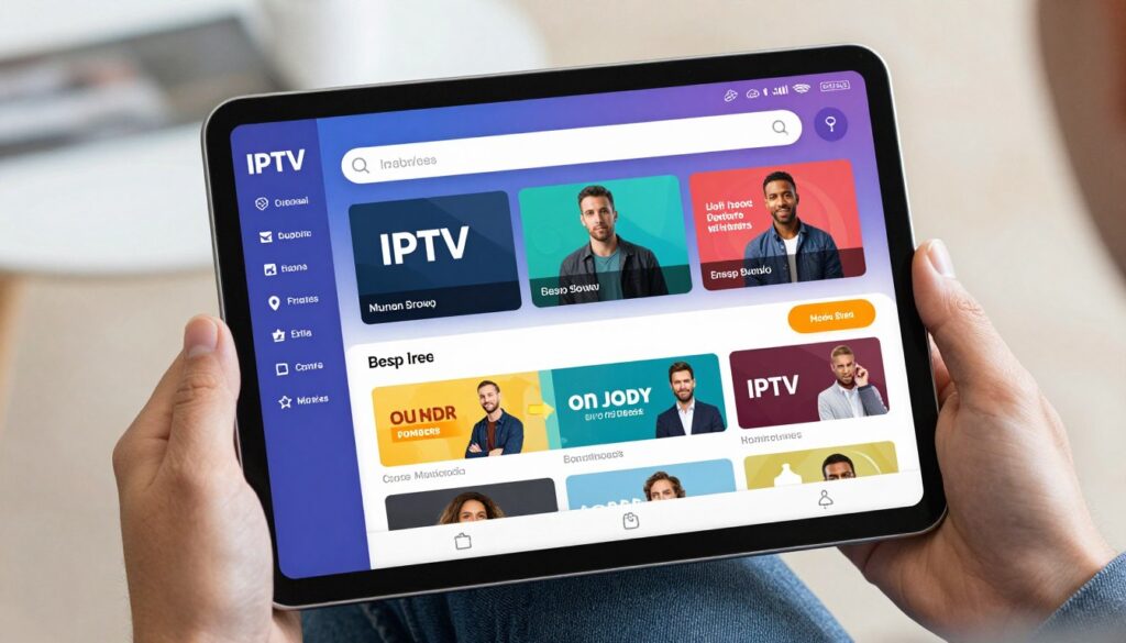 Generate an image of a user-friendly IPTV interface on a tablet, displaying a diverse range of channels and on-demand content. Generate an image of a user-friendly IPTV interface on a tablet, displaying a diverse range of channels and on-demand content.