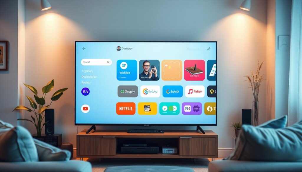 Generate an image of a user-friendly interface on a TV screen Generate an image of a user-friendly interface on a TV screen