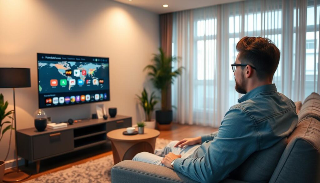 Generate an image of a user watching international channels on Bunnystream.