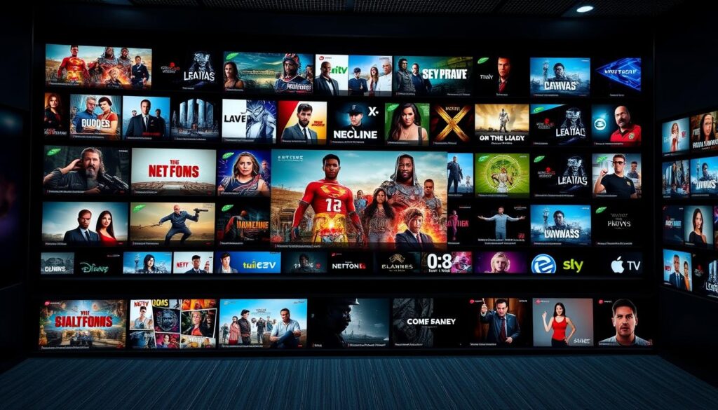 Generate an image of a vast entertainment library with numerous channels and on-demand content. Generate an image of a vast entertainment library with numerous channels and on-demand content.