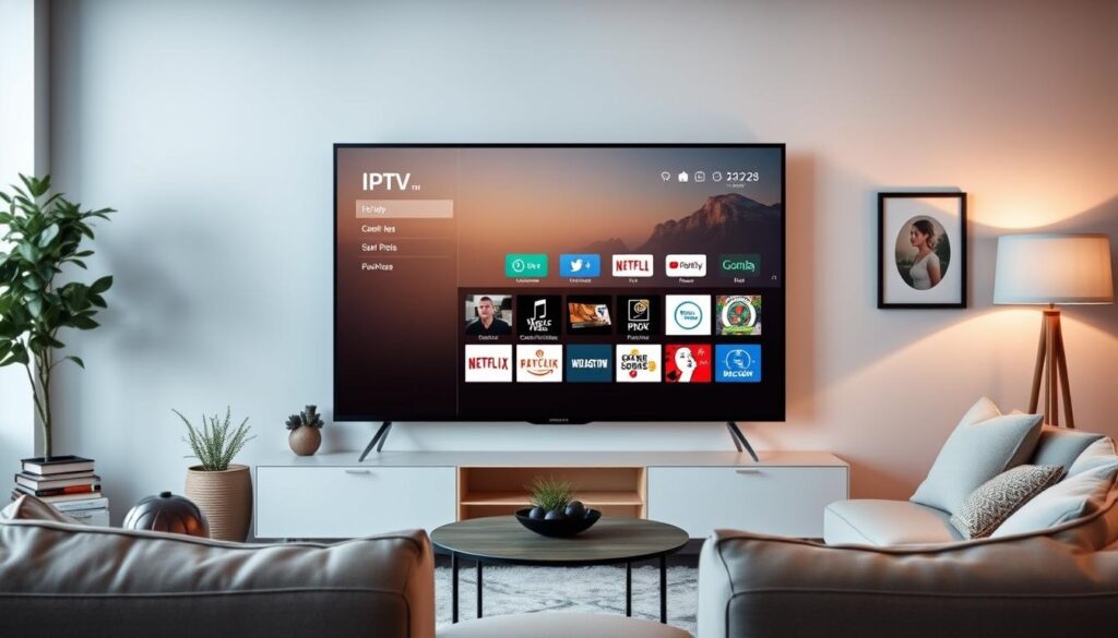 Generate an image of an Amazon Fire TV Stick with IPTV app installed