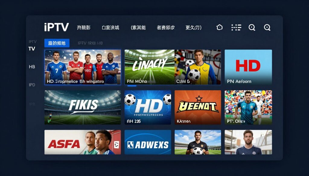 Generate an image of an Xtreme HD IPTV interface highlighting its HD content and sports channels.