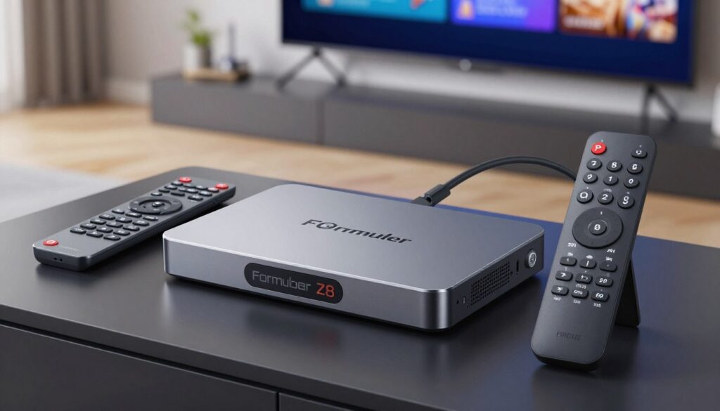 Generate an image of the Formuler Z8 Android IPTV Box with its remote control.