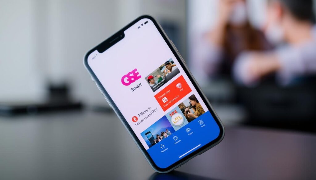 Generate an image of the GSE Smart IPTV app on an iPhone screen, showcasing its user interface and features. Generate an image of the GSE Smart IPTV app on an iPhone screen, showcasing its user interface and features.