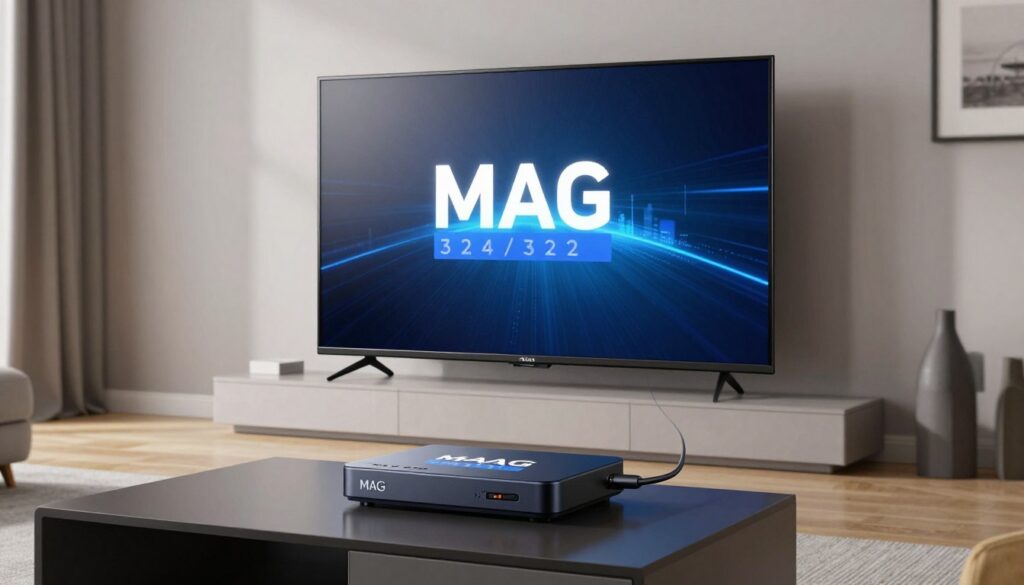 Generate an image of the MAG 324/322 IPTV Set-Top Box connected to a TV.