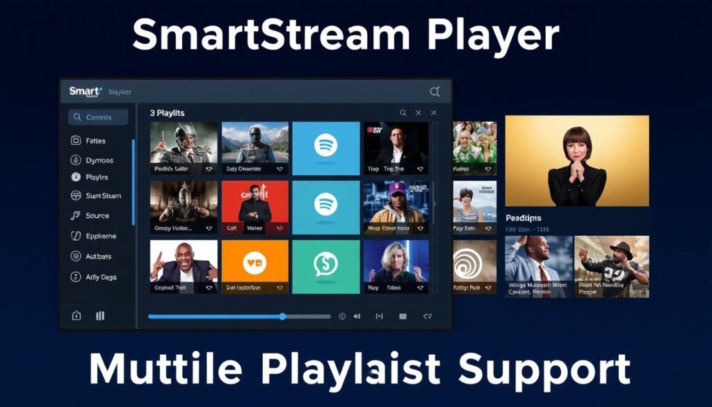 Generate an image of the SmartStream Player interface showcasing its user-friendly design and multiple playlist support. Generate an image of the SmartStream Player interface showcasing its user-friendly design and multiple playlist support.