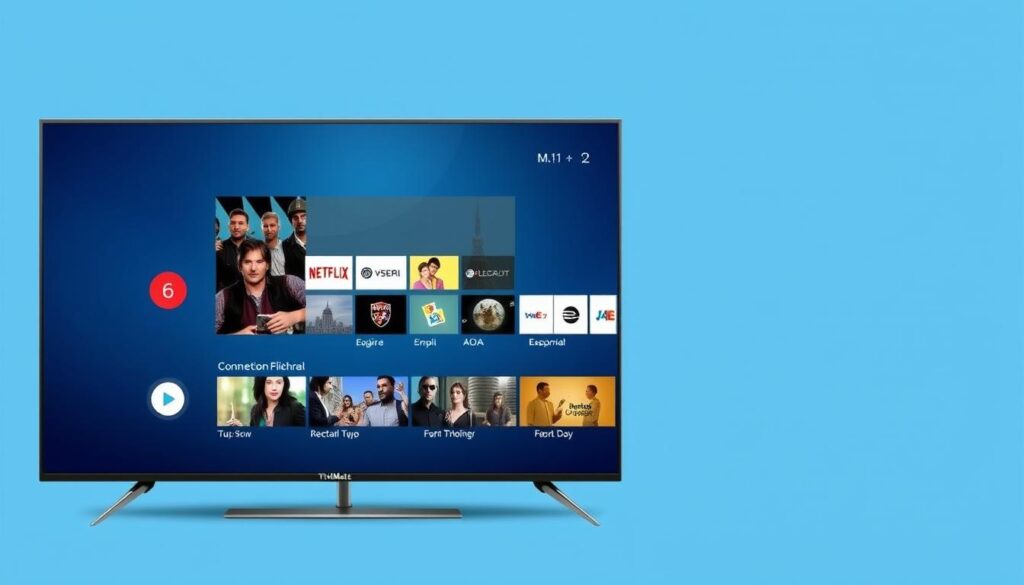 Generate an image of the TiviMate IPTV player interface on an Android TV device, showcasing its multi-view feature and Electronic Programme Guide. Generate an image of the TiviMate IPTV player interface on an Android TV device, showcasing its multi-view feature and Electronic Programme Guide.