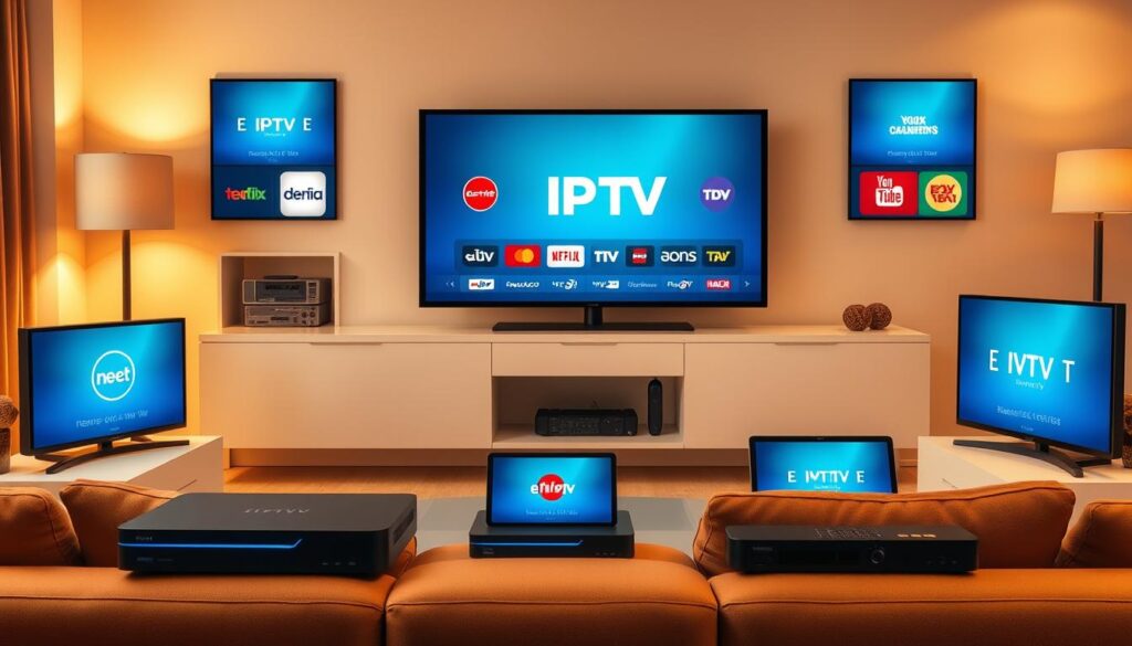 Generate an image of various IPTV devices with different channel logos on the screens