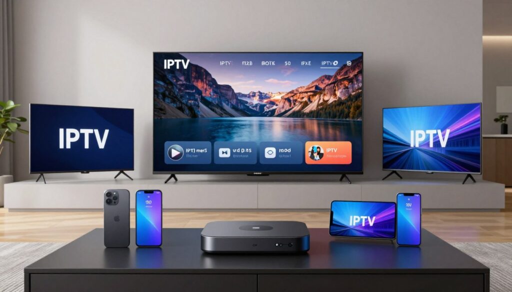 Generate an image of various devices compatible with IPTV services