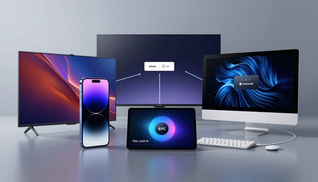 Generate an image of various devices (smart TVs, smartphones, tablets, and computers) connected to a streaming service.