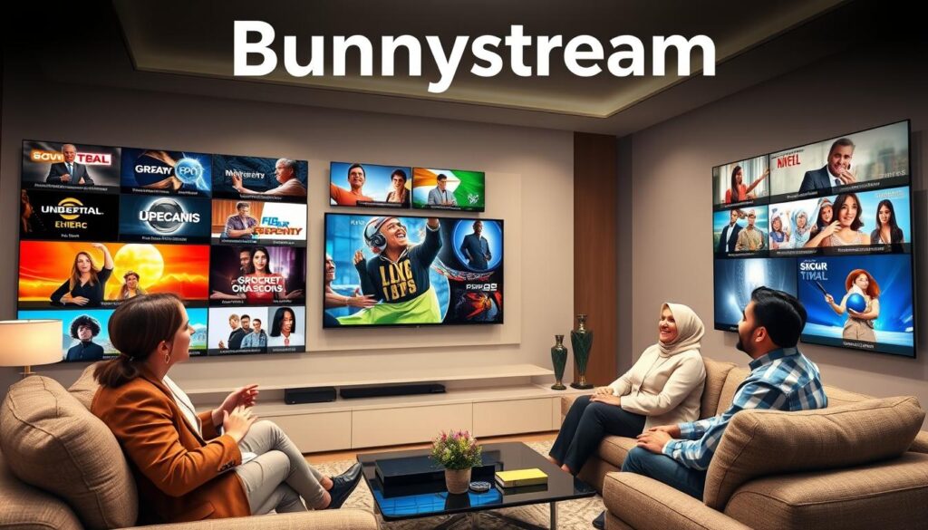 Generate an image representing Bunnystream's IPTV service with a diverse range of channels.
